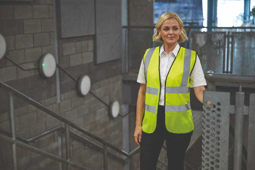 Professional Atire facilities magament uniform in Ireland: woman in a hi-vis vest and white pilot shirt