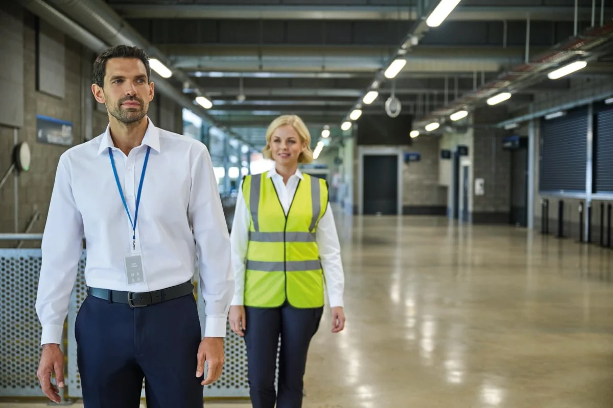 Warehouse supervisor in a white shirt and navy trousers beside a colleague in a yellow hi vis waistcoat
